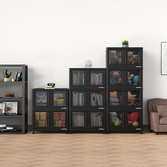 500Qt Stackable Storage Bins with Lids, 125Gal Closet Organizers and Storage Drawer, Plastic Collapsible Storage Bins with Doors, Heavy Duty Store Box Cabinet for Home Kitchen, 5Pack Black