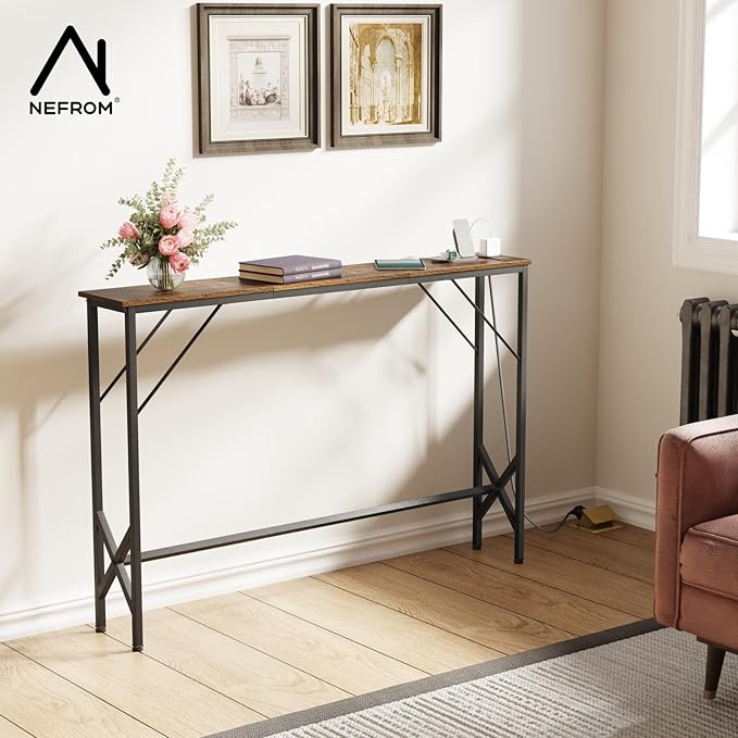 47.2'' Console Table, Skinny Entryway Table with Fast-Charging Station, Narrow Long Sofa Table, Behind Slim Couch Table for Entrance, Hallway, Living Room Decor ST-BR120-1