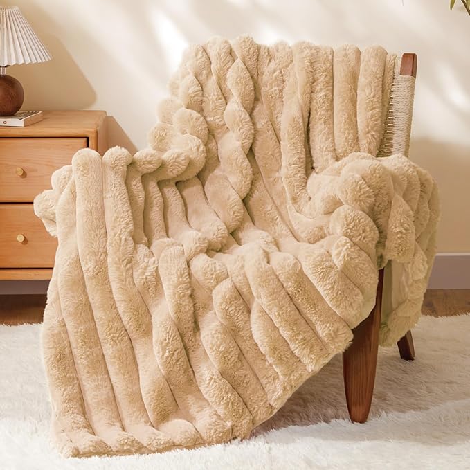 BEDELITE Faux Fur Throw Blanket for Couch, Soft and Cozy Luxurious 3D Striped Fluffy Blanket, 770GSM Thick Warm Plush Fuzzy Faux Rabbit Fur Blanket for Women Gift (Brown, 50"x 60")