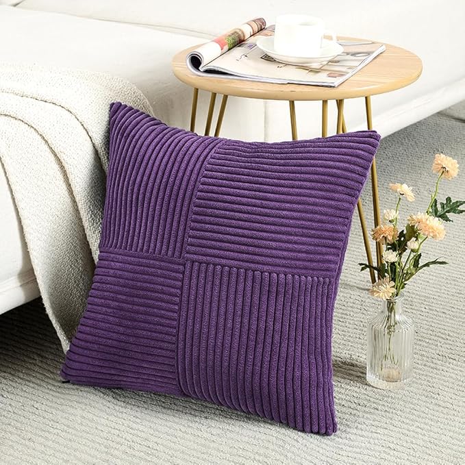 Fancy Homi 2 Packs Purple Decorative Throw Pillow Covers 20x20 Inch for Living Room Couch Bed, Farmhouse Boho Home Decor, Soft Corss Corduroy Patchwork Accent Square Cushion Case 50x50 cm