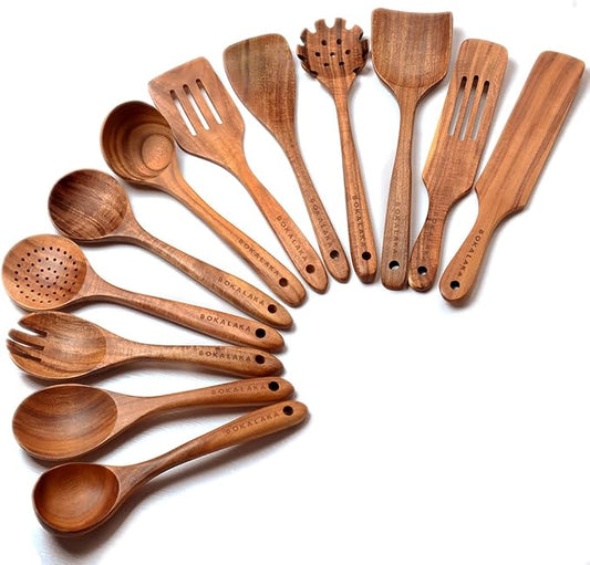 12 Pack Wooden Spoons for Cooking - Natural Teak Kitchen Utensils Set with Spatulas
