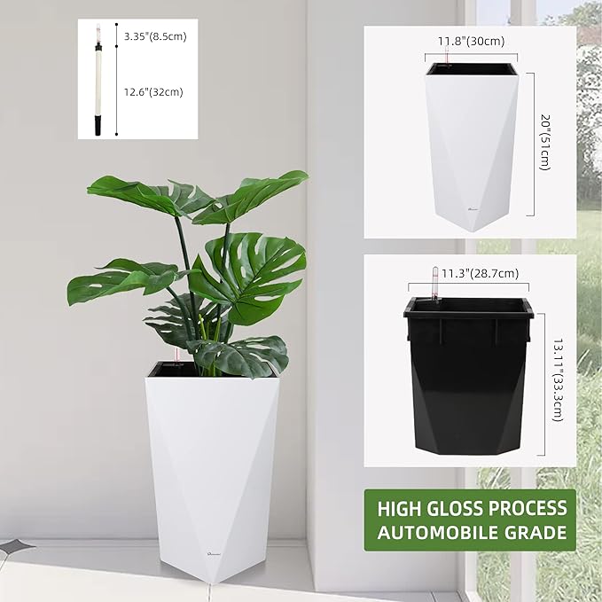 Dexceder 20 Inches Tall Self Watering Planter Diamond High Gloss Indoor Outdoor, Thickened Rhombus Large Floor Standing Flower Plant Pot with Water Level Indicator (White)
