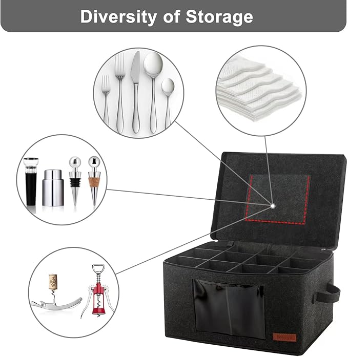 2 Pack Wine Glass Storage Box with Dividers, Stemware Storage Containers for Packing and Moving, China Storage Containers Box for 12 Crystal Glassware, Wine Glasses, Drinkware,Dark Gray