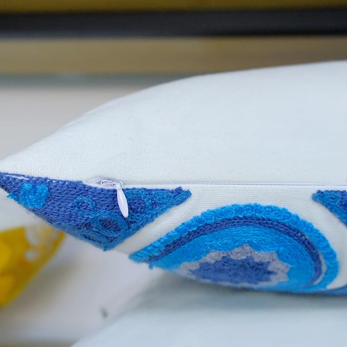 Embroidered Decorative Throw Pillow Cover, 18"x18" Set of 2, Farmhouse Pillowcase Blue Knit Pattern Cotton Canvas Cushion Case Square Floral Pillow Case for Sofa Couch Bed Living Room