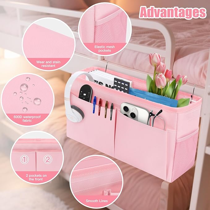 Bedside Caddy Organizer with Fixed Straps, Bunk Bed Caddy ideal for Home, Bunk Bed, Dorm, Hospital, Crib, Versatile Bedside Storage Solution (Pink)
