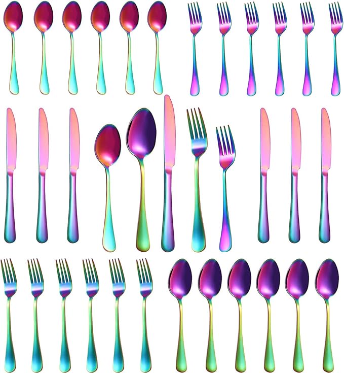30 Pcs Rainbow Silverware Set for 6, Food Grade Stainless Steel Flatware Set, Eating Utensils Sets Include Fork/Knife/Spoon,Home Kitchen Tableware Set, Reusable Cutlery Set, Dishwasher Safe