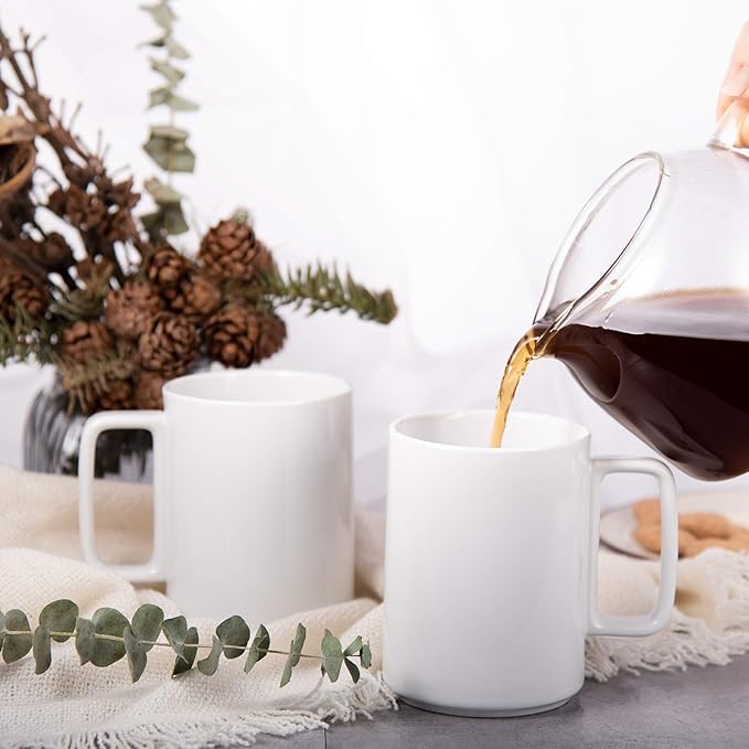 E-liu Porcelain Tea Mugs Coffee Mug Set, Large 15 Ounces Cups for Coffee, Tea, Cocoa, and Mulled Drinks, Set of 6, White