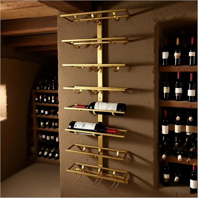 8 Bottle Wall Mount Wine Rack with Wine Glass Holder, Metal Wine Wall Rack, Wall Racks for Wine Bottles Display and Storage, Hanging Bottle Organizer for Living Dining Room Wine Cellar Bar (Gold)
