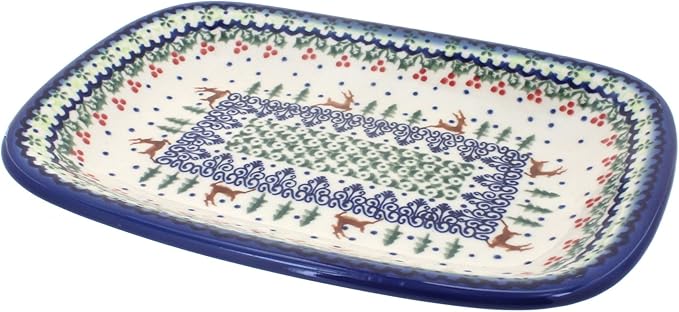 Blue Rose Polish Pottery Reindeer Delight Small Rectangular Serving Platter