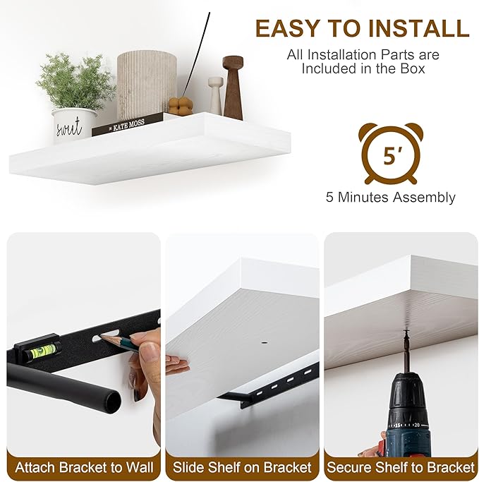 Fun Memories White Floating Shelves, 8 Inch Deep Wall Shelves Set of 2, Rustic Deep Shelves for Wall Storage, 24 x 8 Floating Shelves, 8" Deep White Shelves for Bedroom, Living Room, Kitchen