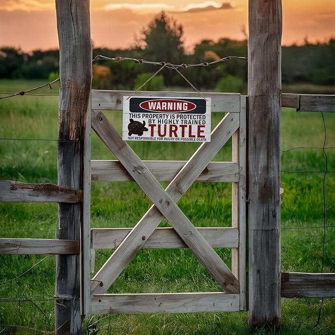 Funny Warning Signs, The Property is Protected By Highly Trained Turtle Sign, Decorative Wood Hanging Wood Plaque, House Door Sign, Farmhouse Wall Decor for Home Office, Indoor/Outdoor Use