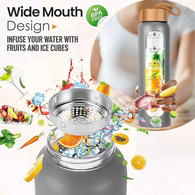 Aqulea Glass Water Bottles 32 Oz with Silicone Sleeve - BPA Free Reusable Wide Mouth Glass Motivational Water Bottles with Fruit Infuser – Leak Proof Borosilicate Water Bottle with Time Marker (Grey)