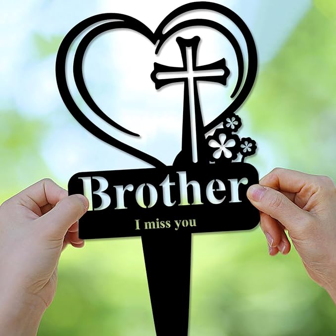 Brother Memorial Grave Stake, Cemetery Decorations for Grave Markers 12.5 x 7.2 inch Heart Metal Sympathy Stakes Graveside Plaque Decor Sign for Brother Graves, Yard, Garden - Black-Brother