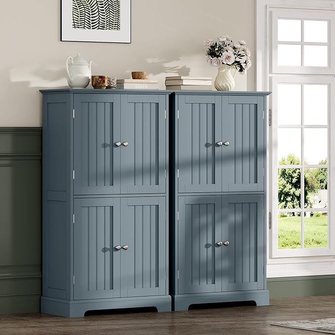 ChooChoo Bathroom Floor Cabinet, Modern Bathroom Storage Cabinet with 4 Doors and Adjustable Shelves, Freestanding Cupboard for Living Room, Grey