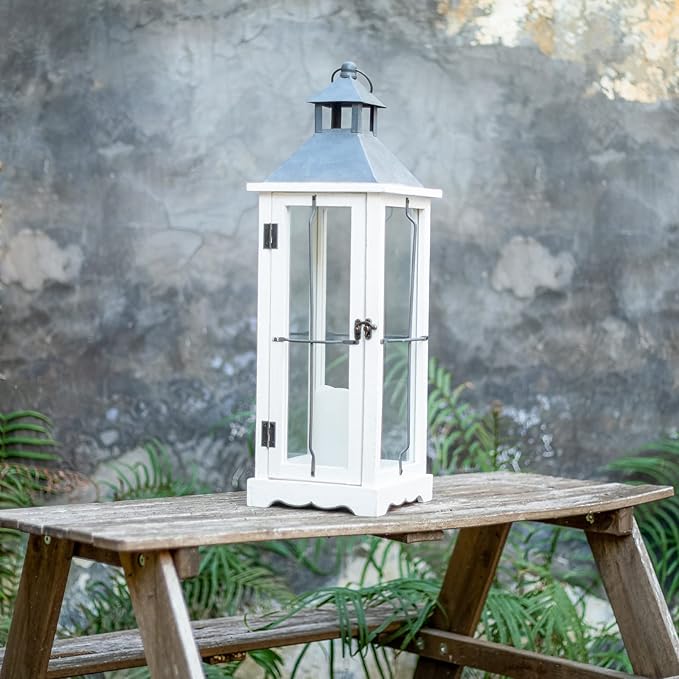 Bdor 2 Pack 26in Farmhouse White Waterproof Wood Metal Decorative Lanterns with Remote Control, Timer, Tempered Glass, Flameless Pillar Candles, Decorative Lanterns for Front Porch, Wedding