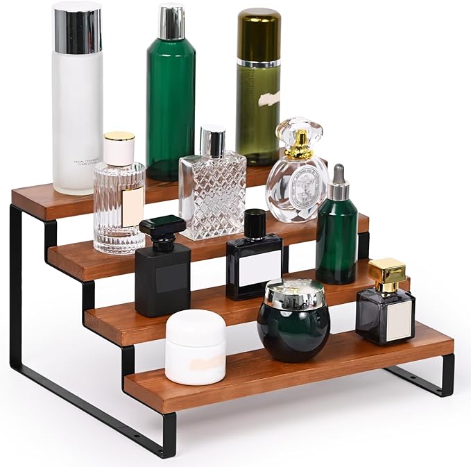 4 Tier Wooden Display Riser Stand Perfume Organizer with Metal Stand, Dessert Table Display Set, Food Display Stands for Party, Brown Rustic Solid Wood Shelf for Cupcakes, Perfume, Cologne, Spiece