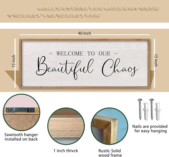 comurdyo Welcome To Our Beautiful Chaos Wall Decor Art 40"X15" for Home Entryway Sign Large Wood Framed Wall Hanging (Wood)