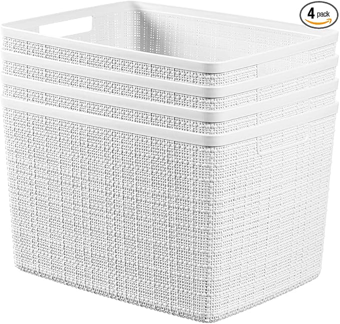 Curver Set of 4 Jute Large Decorative Plastic Organization and Storage Baskets, Perfect Bins for Home Office, Closet Shelves, Kitchen Pantry and All Bedroom Essentials, White