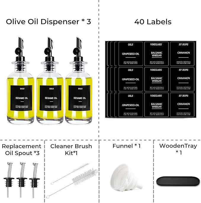 3PCS Olive Oil Dispenser Bottle For Kitchen, Soy Sauce Dispenser, Glass Oil and Vinegar Dispenser Set W. Wooden Tray & Labels & 3 Replacement Spouts, Coffee Syrup Dispenser