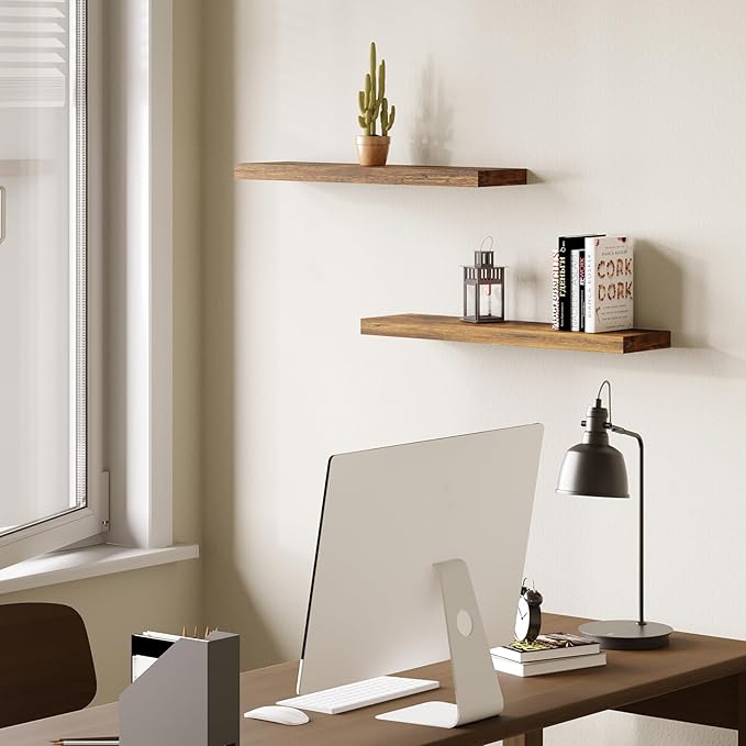 BAMEOS Floating Shelf,Wall Shelf,Decor Wall Mounted Shelves,Hanging Shelf Set L24xW6 for Bathroom Kitchen Living,Kitchen,Room Bedroom Storage, Rustic Brown