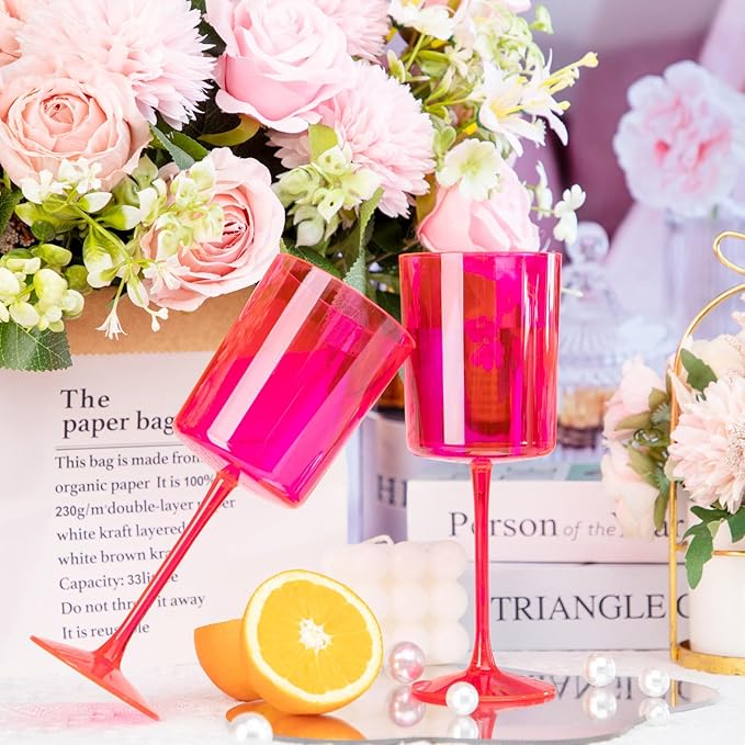 Ciaell 12 Pack Plastic Wine Glasses - 10Oz Hot Pink Plastic Wine Glasses With Stem - Disposable Stemmed Cups for Parties & Weddings