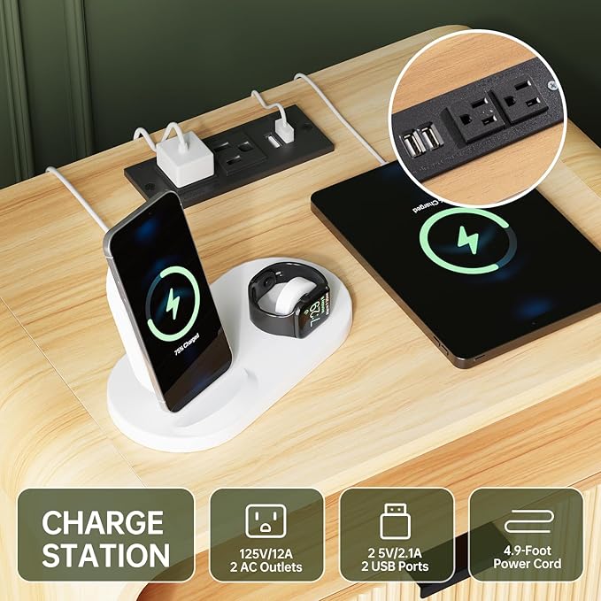 FURSUN 24" Fluted Nightstand with Charging Station, Wooden End Table with 2 Drawers Storage, Curved Profile Design, Modern Bedside Cabinet for Bedroom Living Room, Natural Oak