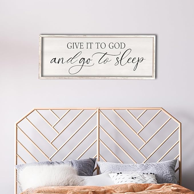comurdyo Give It To God And Go to Sleep Sign 32''×12'' Master Bedroom Above Bed Wall Decor Wood Framed Couple Large Farmhouse Guest Room Rustic Simple Over Bedside Wall Art Hanging Decor (White)