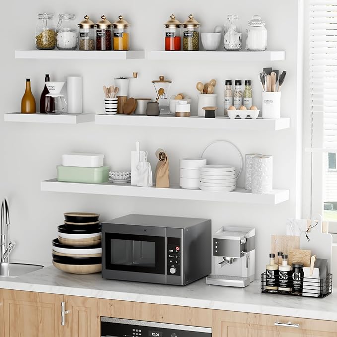 Fun Memories 36 Inch Floating Shelves - Deep Rustic White Wooden Wall Shelves - Extra Deeper & Thicker Wall Mounted Storage Shelf for Bedroom, Kitchen, Farmhouse - 2 Pack, Rustic White