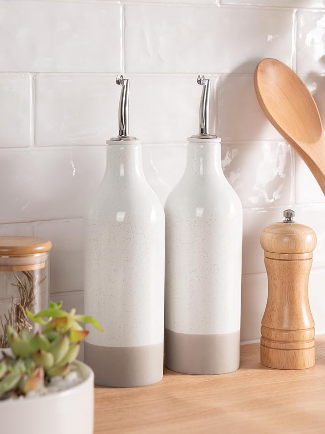 famiware Milkyway 16oz Ceramic Olive Oil Dispenser Bottle, Olive Oil and Vinegar Dispenser Bottle Set of 2 with Stainless Steel Pourers, Suitable for Storage Vinegar, Soy Sauce, Liquids, White