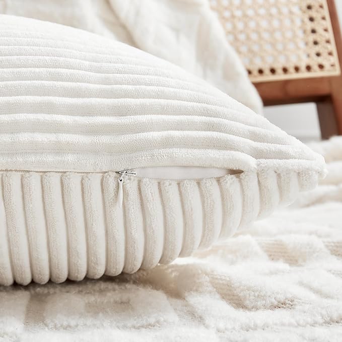Fancy Homi 2 Packs Cream White Lumbar Decorative Throw Pillow Covers 12x20 Inch for Couch Bed Sofa, Rustic Farmhouse Boho Home Decor, Soft Striped Corduroy Rectangle Accent Cushion Case 30x50 cm