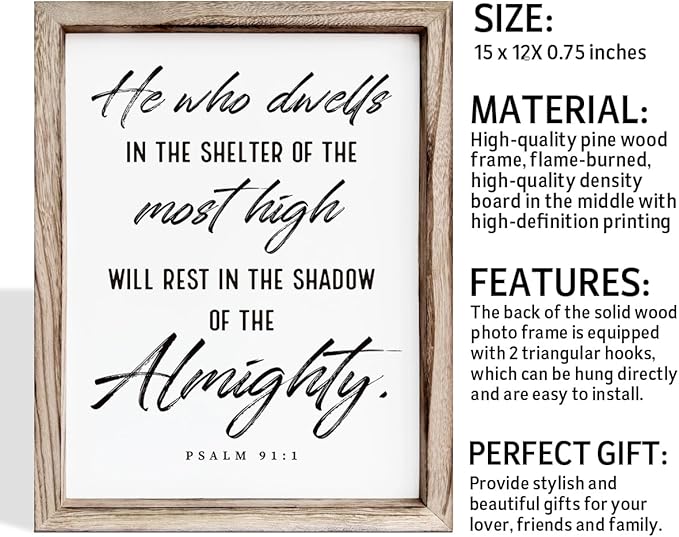 Christian Wooden Wall Sign, Inspirational Home Decor for Living Room, Wall Decor Art, Framed Wood Plaque Sign 15 * 11.5 inches, He Who Dwells in the Shelter of the Most High