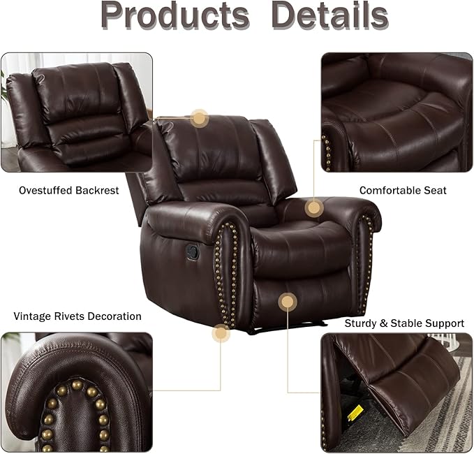 CANMOV Leather Recliner Chair, Classic and Traditional Manual Recliner Chair with Comfortable Arms and Back Single Sofa for Living Room, Brown