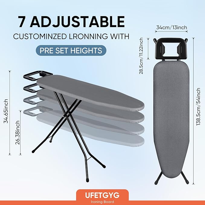 Classic Ironing Board 43" X 13" W/with Iron Rest | Full Metal Construction| Height Adjustable | Heat & Scorch Resistant Fabric | Anti-Skid Feet | Easy to Fold (Dark Grey)