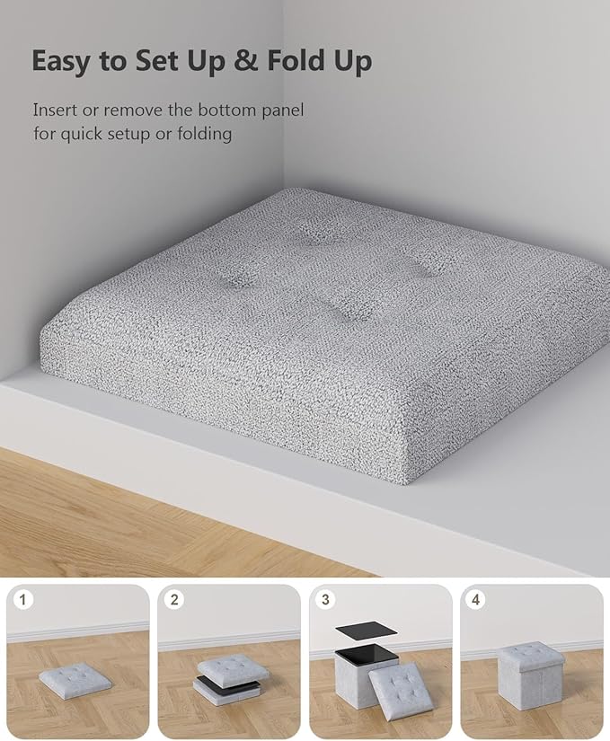 15 Inches Small Folding Storage Ottoman Cube, Storage Footrest, Foot Rest Stool, for Living Room, Bedroom, Dorm, Hallway, Entryway, Light Gray