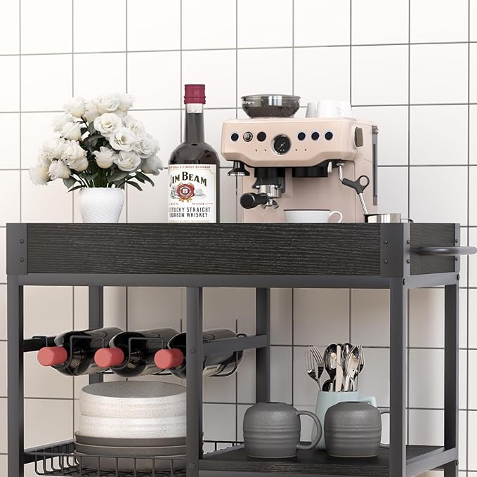 Bar Cart with Basket 3 Tiers Home Rolling Wine Rack with Wheels Mobile Kitchen Industrial Vintage Style Wood Metal Serving Trolley Serving Cart,Black Frame Home Kitchen Shelf for Party