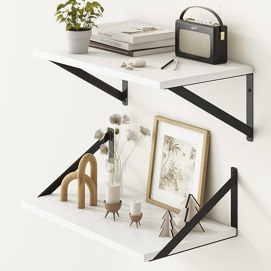 Fun Memories White Floating Shelves 18 Inch Long, Rustic Floating Shelf with Brackets, 10 Inch Deep Wall Shelves, White Bathroom Shelves, 18 x 10 Storage Shelf for Kitchen, Living Room, Set of 2