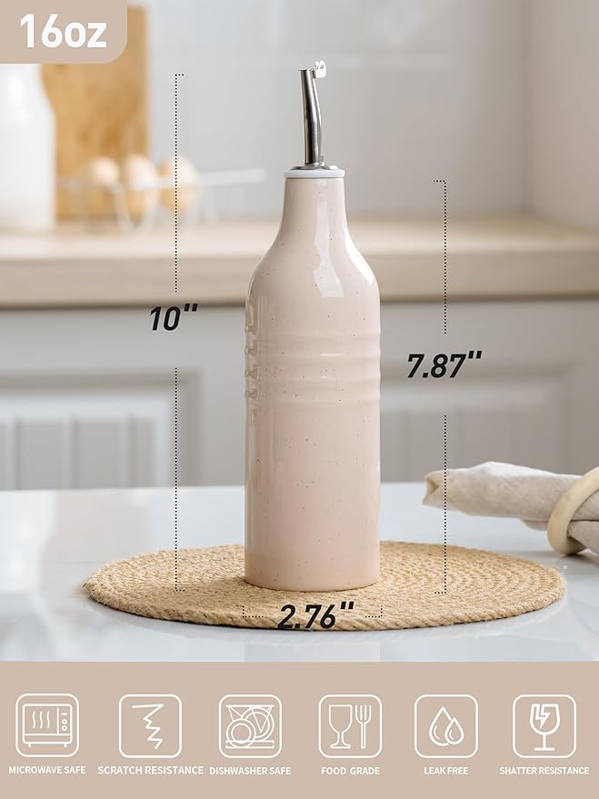 famiware Jupiter 16oz Ceramic Olive Oil Dispenser Bottle, 1 Piece Oil Dispenser for Kitchen with Stainless Steel Pourers, Suitable for Storage Vinegar, Soy Sauce, Coffee Syrup, Light Pink