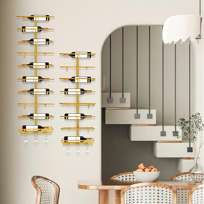 16 Bottle Wall Mount Wine Rack with Wine Glass Holder, Metal Wine Wall Rack, Wall Racks for Wine Bottles Display and Storage, Hanging Bottle Organizer for Living Dining Room Wine Cellar Bar (Gold)