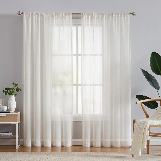 FMFUNCTEX Linen Sheer Curtains for Living Room, Beige Curtains 96 inches Long for Bedroom, Natural Flax Blend Window Draperies for Farmhouse Curtain, Rod Pocket 2 Panels