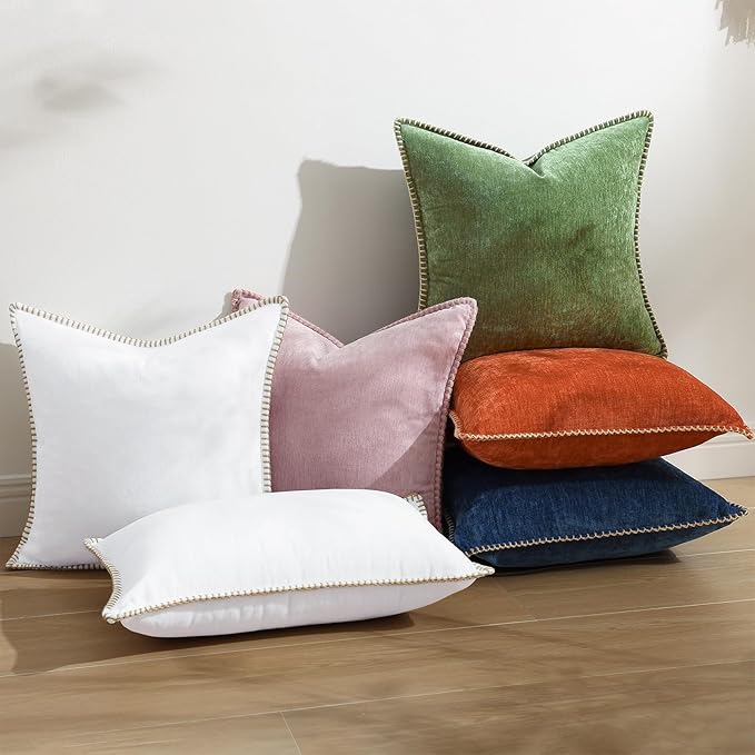 decorUhome Fall Chenille Soft Throw Pillow Covers 16x16 Set of 2, Farmhouse Velvet Neutral Decorative Euro Pillow Covers with Stitched Edge for Couch Sofa Bed Home Decor, Forest Elf