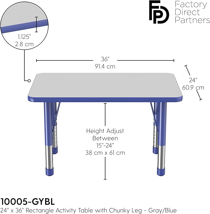 FDP Rectangle Activity School and Classroom Kids Table (24 x 36 inch), Chunky Toddler Leg, Adjustable Height 15-24 inches - Gray Top and Blue Edge