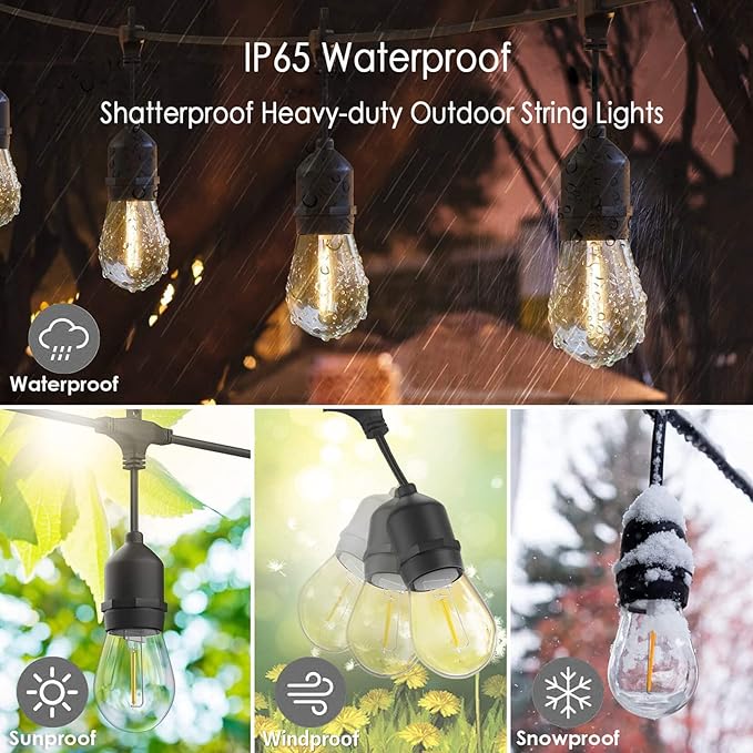 120 FT Outdoor String Lights LED Waterproof with 40 Shatterproof Plastic Warm Edison Bulbs String Bistro Lights for Patio Gazebo Pergola Market