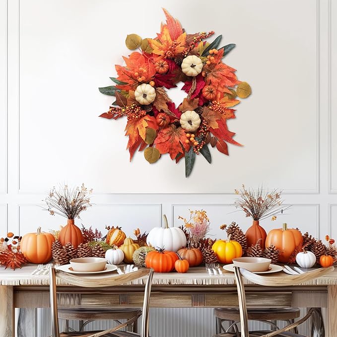 Fall Wreaths for Front Door, DECSPAS 21" Fall Wreath with Maple Leaves Pumpkin Berries, Autumn Decorations for Home, Artificial Harvest Door Wreath Outside, Window, Wall, Fireplace, Thanksgiving Decor