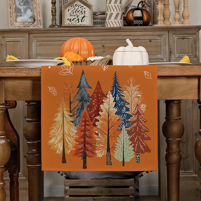 GEEORY Fall Watercolor Trees & Maple Leaves Table Runner 13x60 Inch, Rustic Farmhouse Autumn Thanksgiving Decor for Kitchen, Dining, Indoor/Outdoor Holiday Dinner Party Orange GT158-60