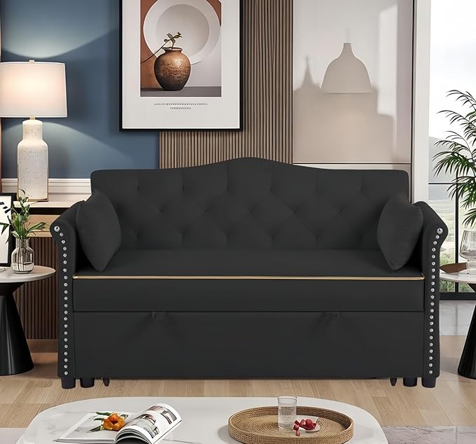 57-Inch Velvet Full Size Sleeper Sofa Couch with Pullout Bed,Convertible Pull Out with Golden Decorative Strip and Adjustable Backrest for Small Spaces,Apartment, Guest Room, RV (Black)