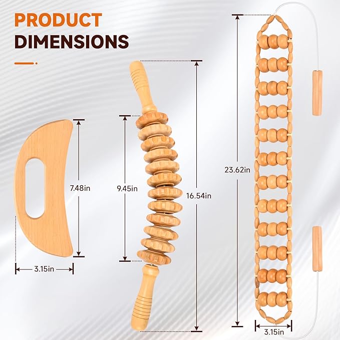 3-in-1 Wood Therapy Massage Tools Lymphatic Drainage Massager Maderoterapia Kit Wooden Gua Sha Massager Body Sculpting Tools for Muscle Pain Relief, Anti-Cellulite, Body Contouring and Shaping