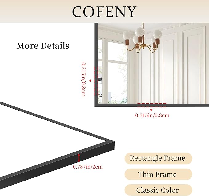 36x50inch Bathroom Mirror, Black Rectangle Mirrors with Thin Metal Frame, Large Rectangular Wall Mirror for Bathroom, Living Roomm, Hair Salon, Big Farmehouse Mirror Hang Horizontal/Vertical