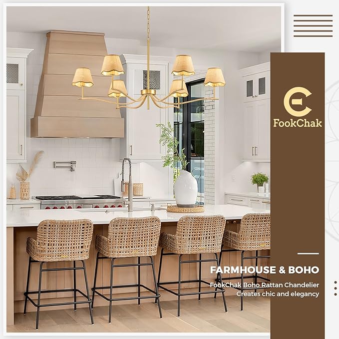 6 Light Boho Rattan Chandelier 44'' Brass Gold Chandelier Light Fixture Hand Woven Dining Room Chandeliers for Entryway Bedroom Living Room Bathroom