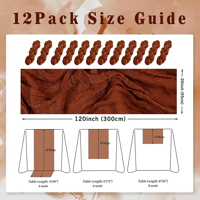 12 Pack Terracotta Cheesecloth Table Runner 10FT Boho Rustic Cheese Cloth Table Runner for Wedding 20 x 120 Inch Long Bridal Shower Baby Shower Gauze Fabric Sheer Birthday Party Table Decorations