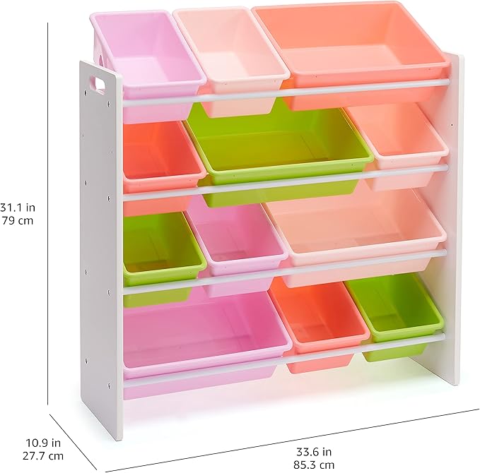 Amazon Basics Kids Toy Storage Organizer With 12 Plastic Bins, White Wood With Pink Bins, 10.9" D x 33.6" W x 31.1" H
